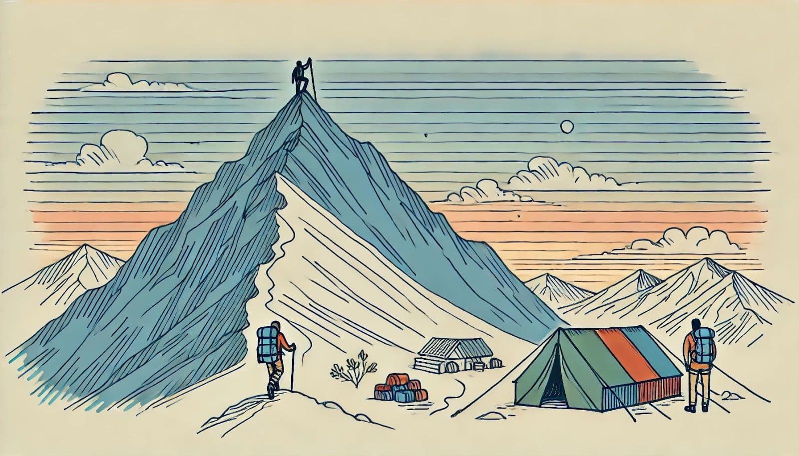 Illustrasjon av et fjellandskap, med en klatrer som står triumferende på toppen av det høyeste fjellet. I forgrunnen ser man en baseleir hvor fjellklatrere gjør seg klare til å bestige fjellet. Illustrasjon er generert ved hjelp av OpenAI